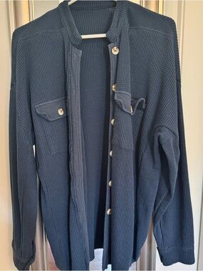 Blue Waffle-Knit Button Front Jacket